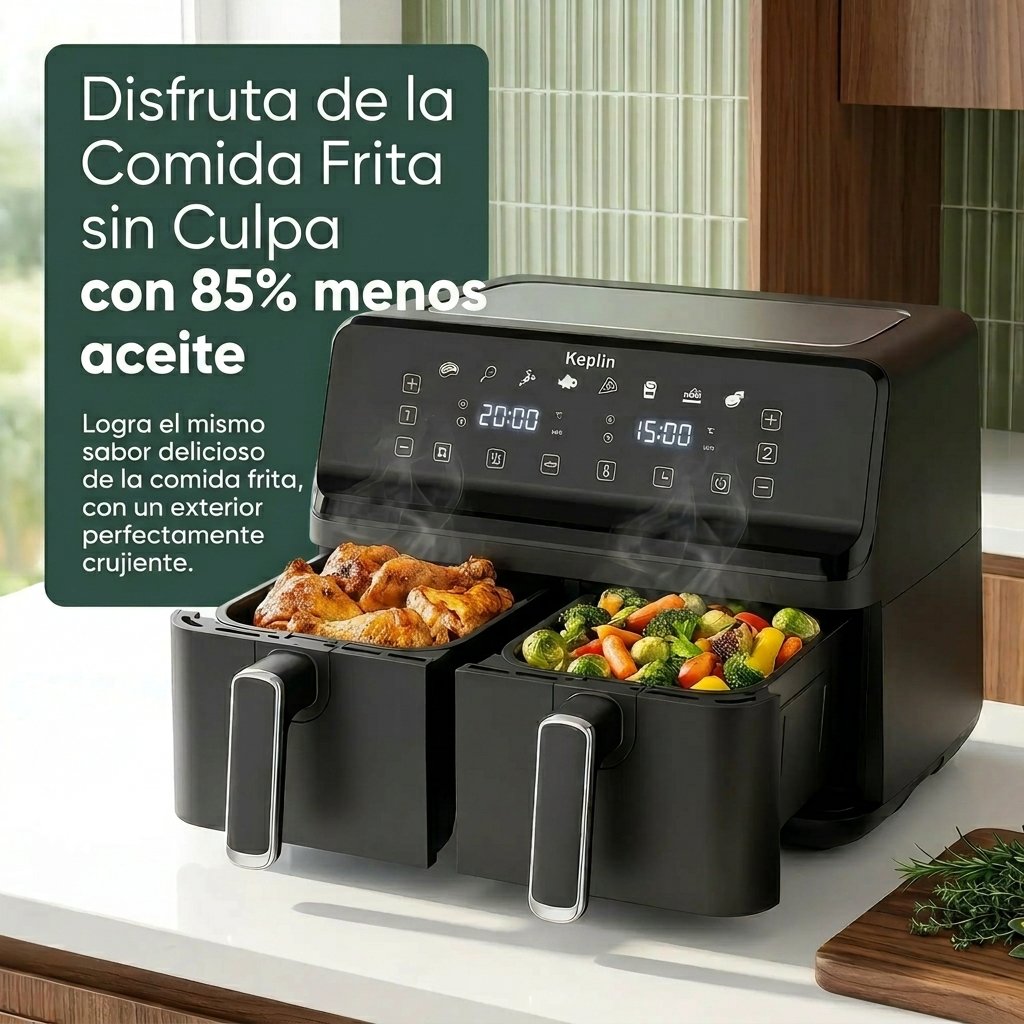 Freidora de aire Keplin de doble zona: freidora de bajo consumo con 6 funciones de cocción, capacidad extragrande para comidas saludables. Asa, hornea, deshidrata y deja los alimentos crujientes. Tamaño familiar de 9 / 9,5 L. - Image 2