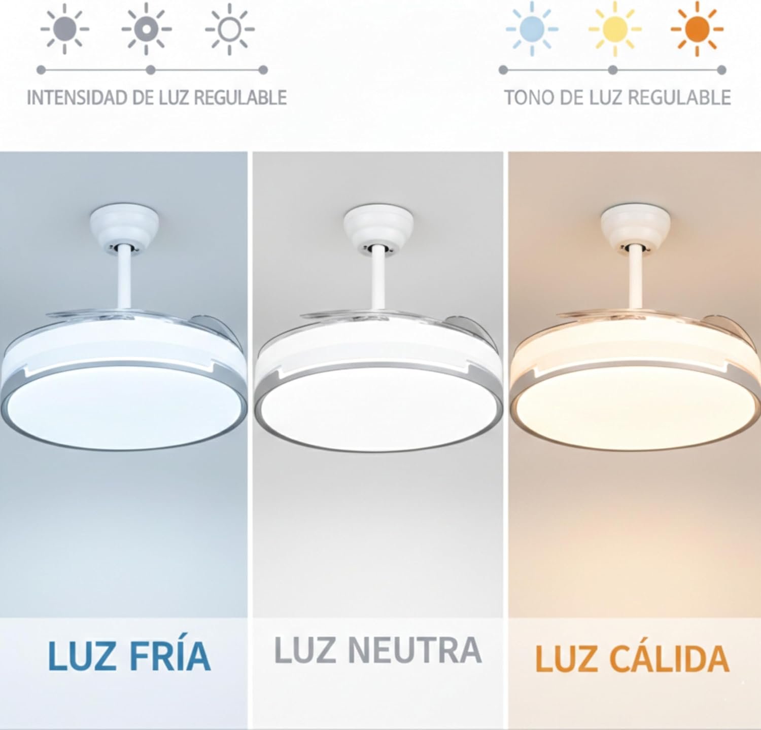 Ventilador de techo 72W con luz LED 36W+DC36W en 3 Temperaturas de Luz con Mando a Distancia -Motor DC Eficiente y Silencioso, 3 tonalidades, aspas desplegables retráctiles, 6 velocidades, control remoto, memoria, temporizador - Image 4