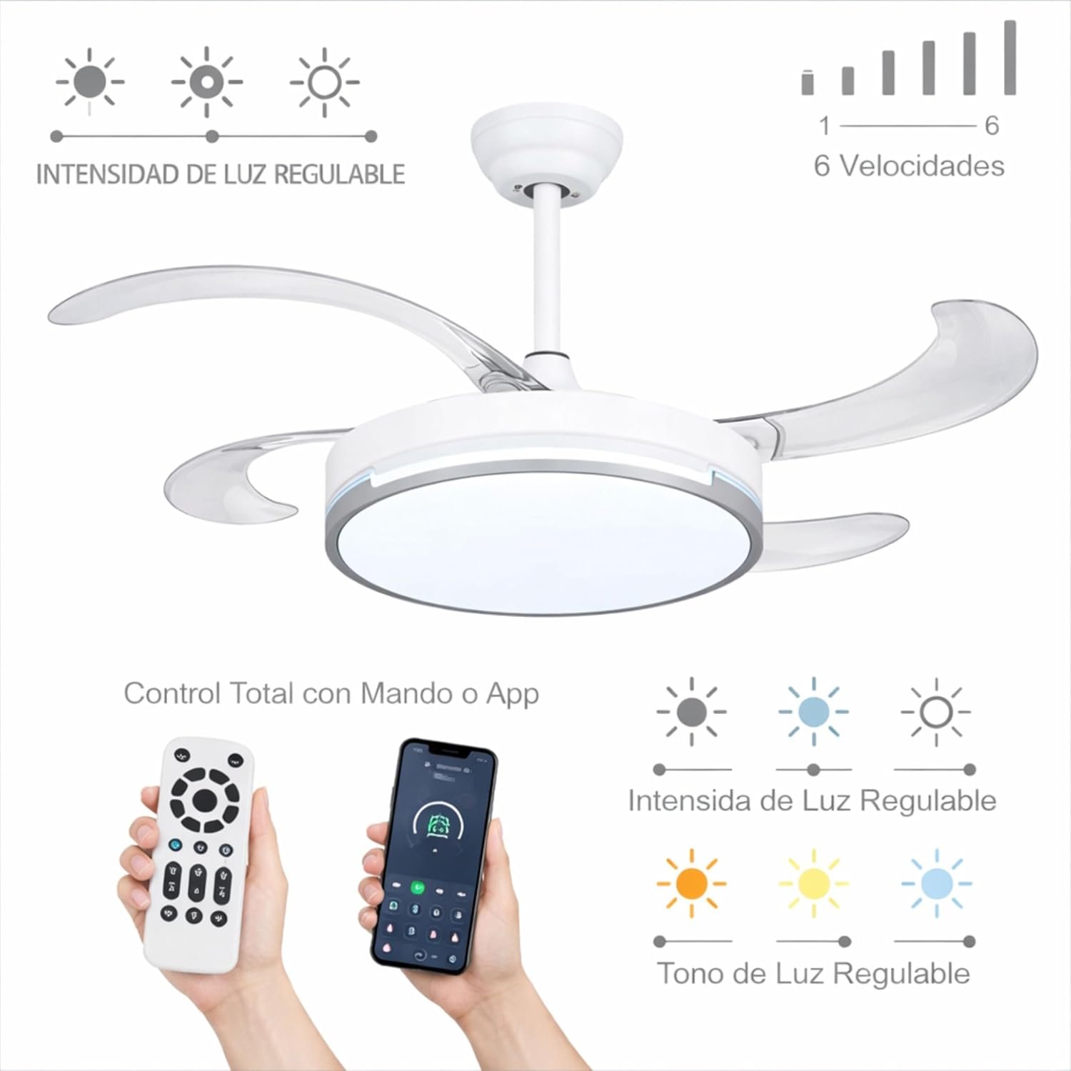 Ventilador de techo 72W con luz LED 36W+DC36W en 3 Temperaturas de Luz con Mando a Distancia -Motor DC Eficiente y Silencioso, 3 tonalidades, aspas desplegables retráctiles, 6 velocidades, control remoto, memoria, temporizador